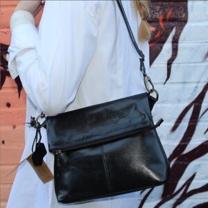 MARGOT New York Black Leather Crossbody Handbag Purse Messenger Saddlebag $168